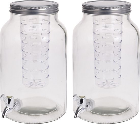 Foto: Set van 2x stuks glazen drank dispenser met infuser 4 liter limonade drankdispenser met filter en tapkraantje