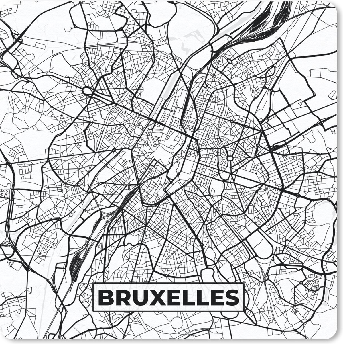 Muismat 30x30 cm - Mousepad Stadskaart – Zwart Wit - Kaart – Bruxelles – België – Plattegrond - Muismatten - Stadskaart