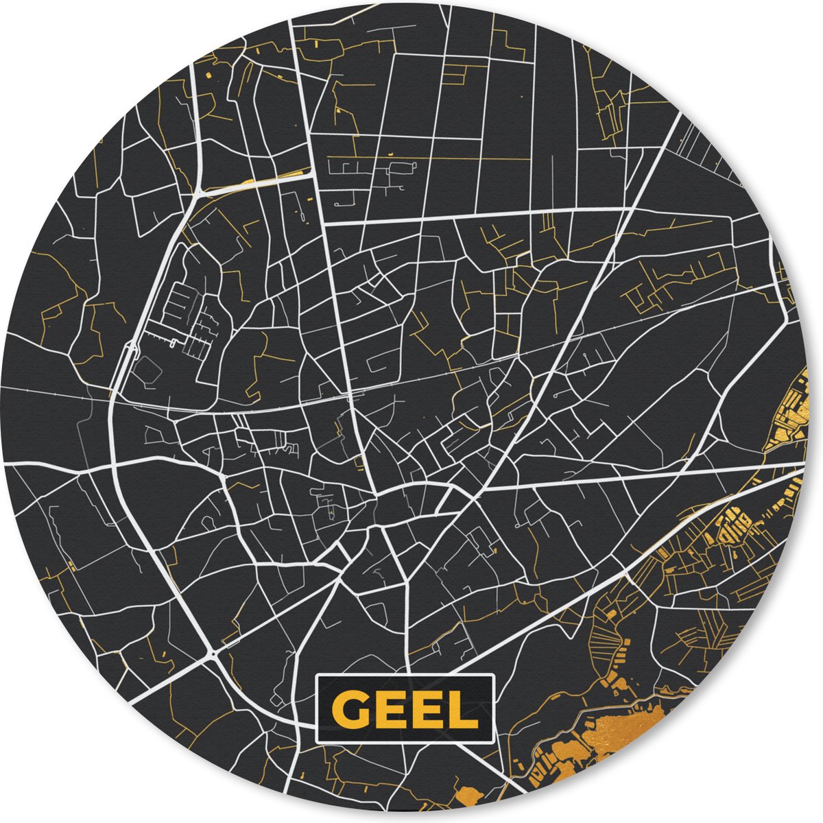 Muismat rond 30x30 cm - Mousepad Stadskaart - Geel - Kaart - Plattegrond - Goud - Ronde muismatten - Stadskaart