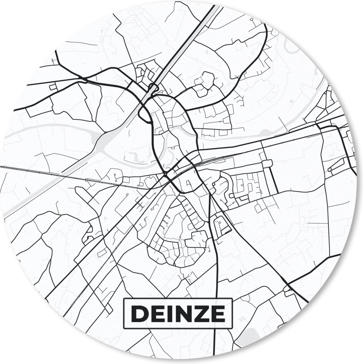 Muismat rond 40x40 cm - Mousepad België – Deinze – Stadskaart – Kaart – Zwart Wit – Plattegrond - Ronde muismatten - Stadskaart