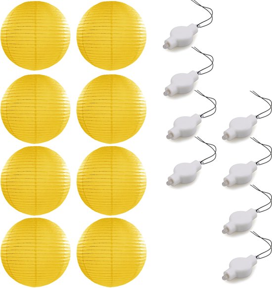 Setje van 8x stuks luxe gele bolvormige party lampionnen 35 cm met lantaarnlampjes - Feest decoraties/versiering