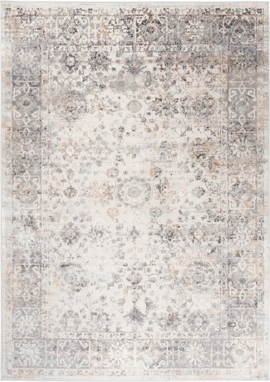 Un tapis gris clair posé à plat, avec un motif vintage détaillé et une bordure grise.