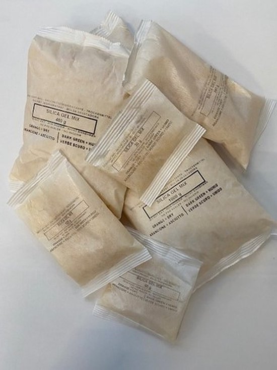 Foto: Silica gel mix 1kg zak m t indicator zowel witte als oranje korrels vochtvreter voor kast schuur en of garage 