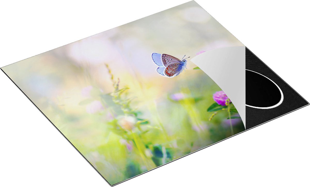 Chefcare Inductie Beschermer Blauwe Vlinder bij een Paarse Bloem - 60x50 cm - Afdekplaat Inductie - Kookplaat Beschermer - Inductie Mat