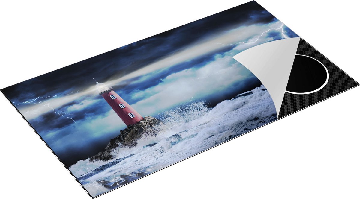 Chefcare Inductie Beschermer Vuurtoren op een Storm Zee met Golfen Water - 90x52 cm - Afdekplaat Inductie - Kookplaat Beschermer - Inductie Mat