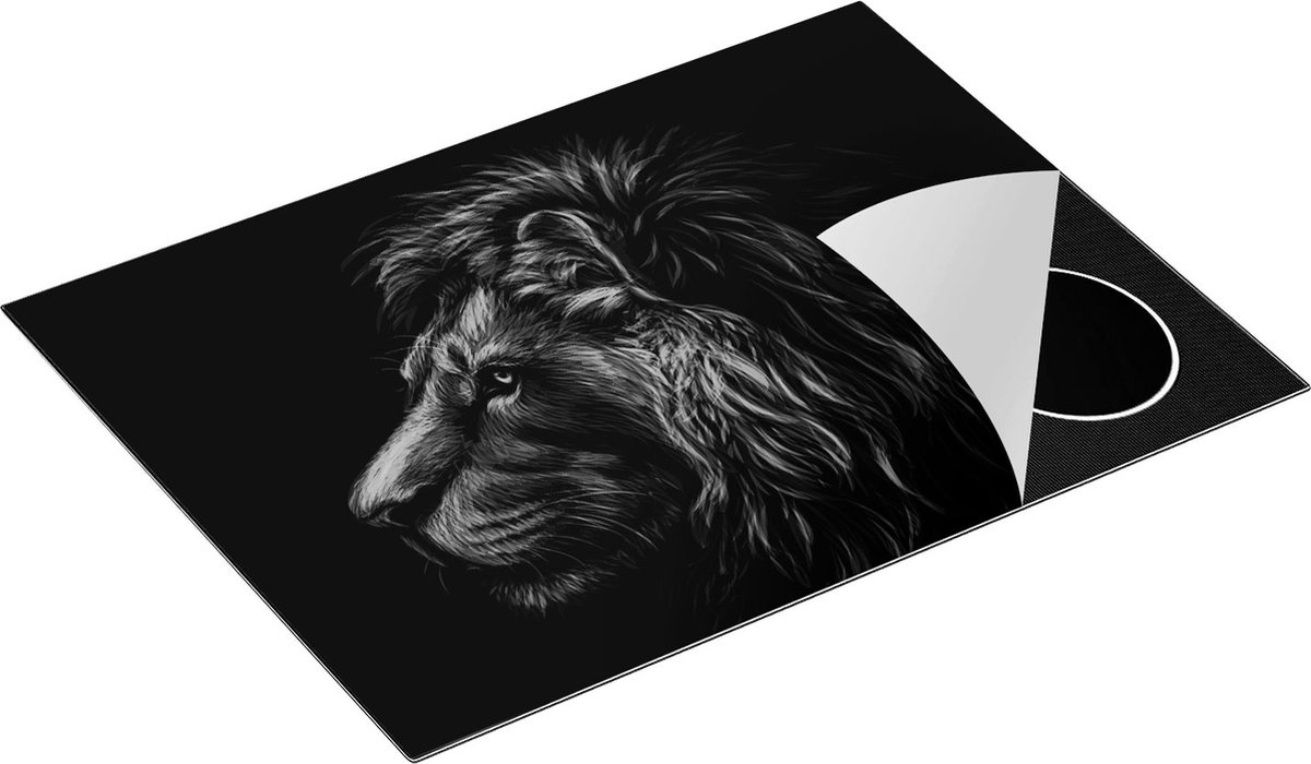Chefcare Inductie Beschermer Getekende Leeuw - Leeuwenkop - Kleur - Zwart Wit - 71x52 cm - Afdekplaat Inductie - Kookplaat Beschermer - Inductie Mat
