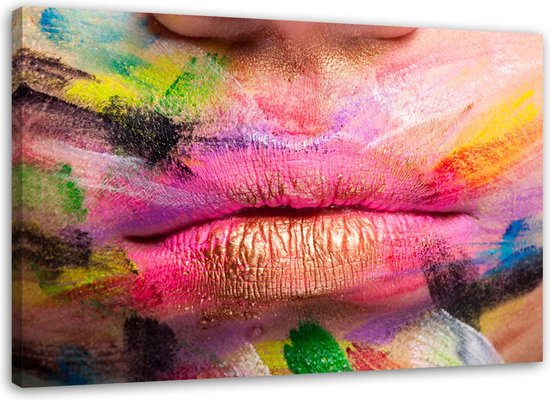 Trend24 - Canvas Schilderij - Kleurrijke Lippen - Schilderijen - Abstract - 120x80x2 cm - Roze