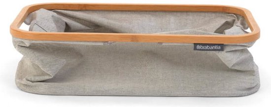 Grijze Brabantia wasmand met bamboe frame, op witte ondergrond.