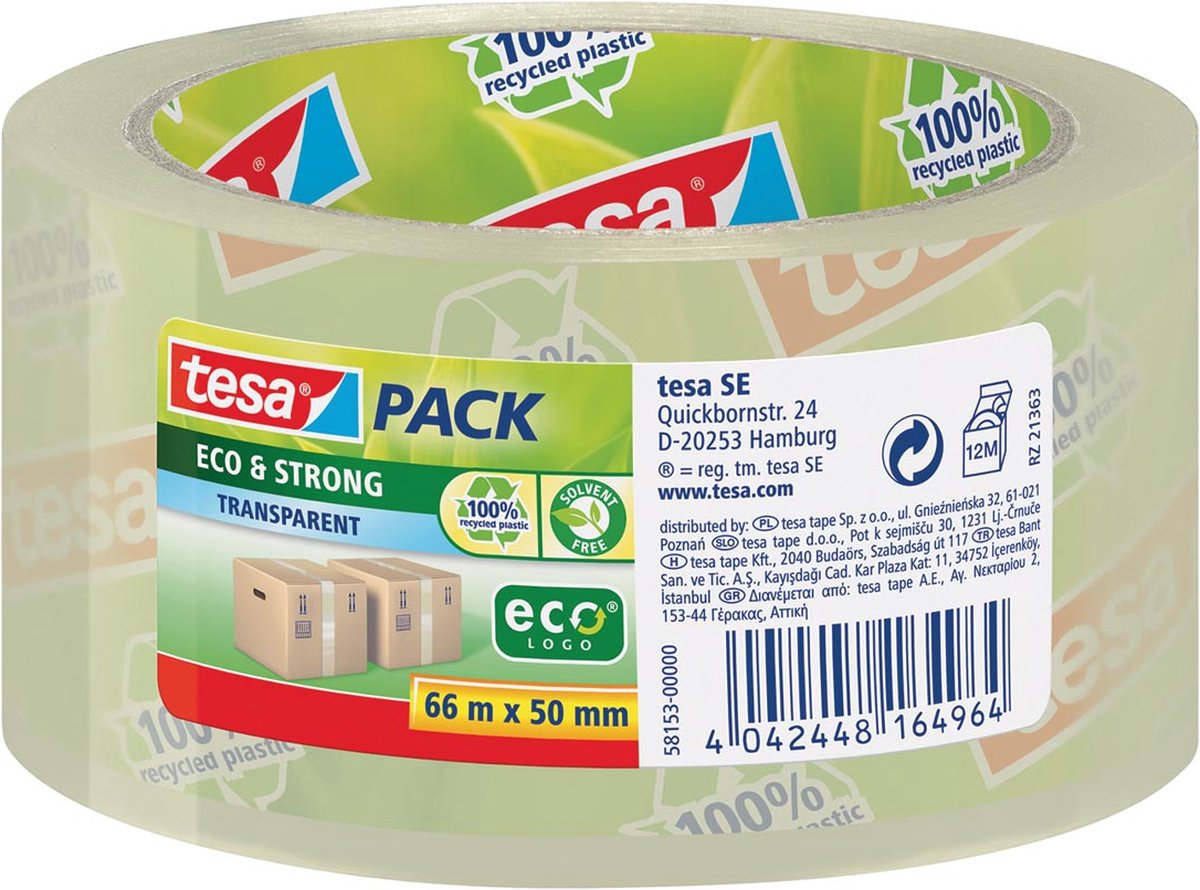 Tesa Pack® eco Strong verpakkingstape, 66m x 50mm, transparant, pak à 6 stuks - Tesa