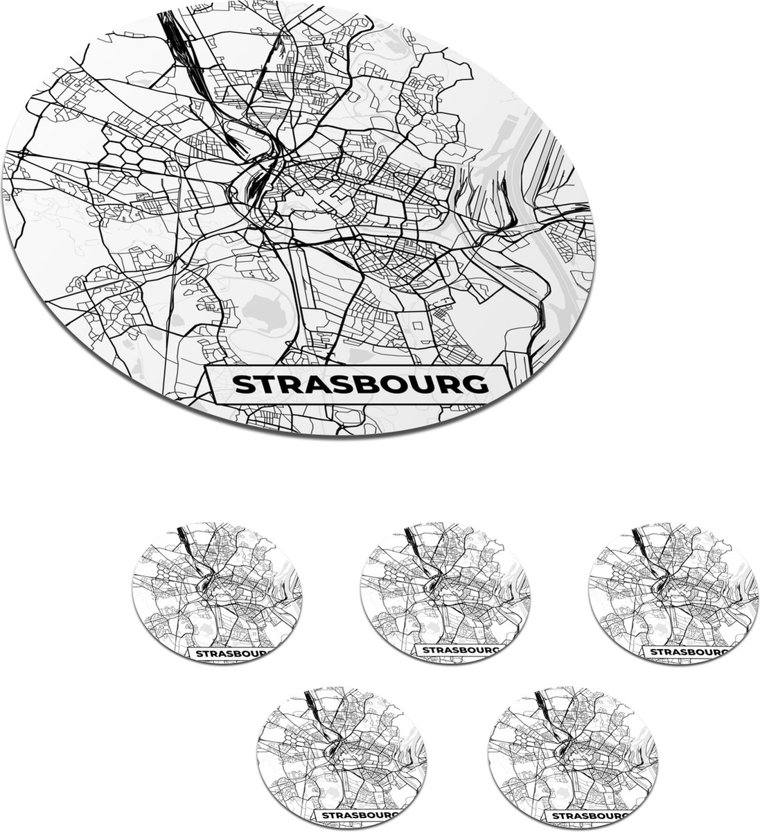 Onderzetters voor glazen - Rond - Stadskaart - Strasbourg - Frankrijk - Kaart - Plattegrond - Zwart wit - 10x10 cm - Glasonderzetters - 6 stuks