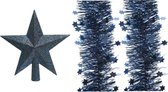Set van een kerst ster piek en 2x stuks kerstslingers donkerblauw 270 x 10 cm - Kerstversiering