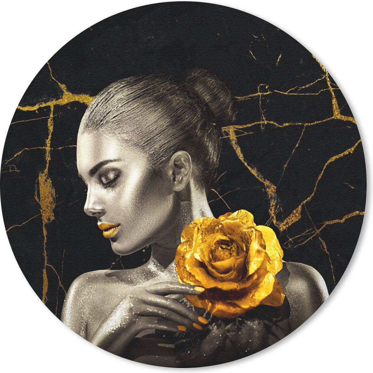 Muismat rond 20x20 cm - Mousepad Vrouwen - Rozen - Goud - Marmer print - Ronde muismatten