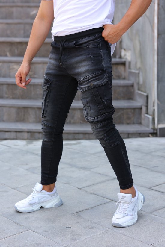 Mannen Elastische Multi-Pocket Skinny Ripped Jeans Mannen Slim Fit Jogger Potlood Broek 2021 Mode Jeans Joggingbroek Hip hop Broek  - W38