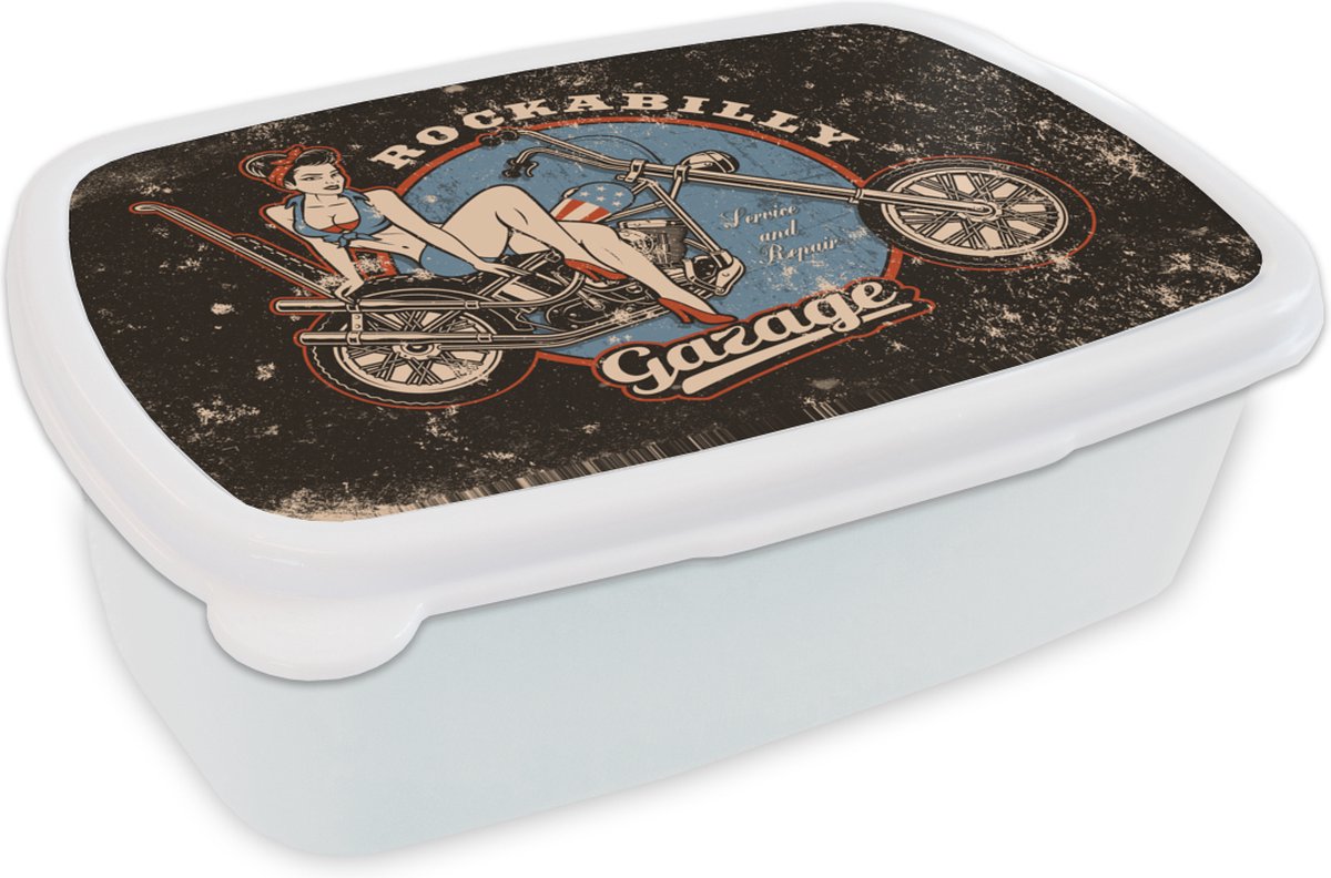Broodtrommel Wit - Lunchbox - Brooddoos - Mancave - Motor - Vrouwen - Retro - 18x12x6 cm - Volwassenen