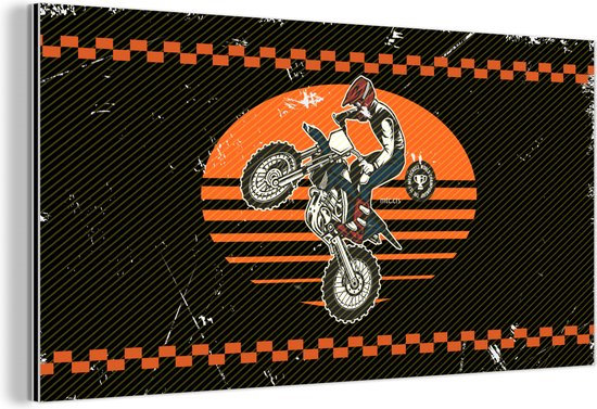 Wanddecoratie Metaal - Aluminium Schilderij Industrieel - Mancave - Crossmotor - Vintage - Oranje - Zwart - 80x40 cm - Dibond - Foto op aluminium - Industriële muurdecoratie - Voor de woonkamer/slaapkamer