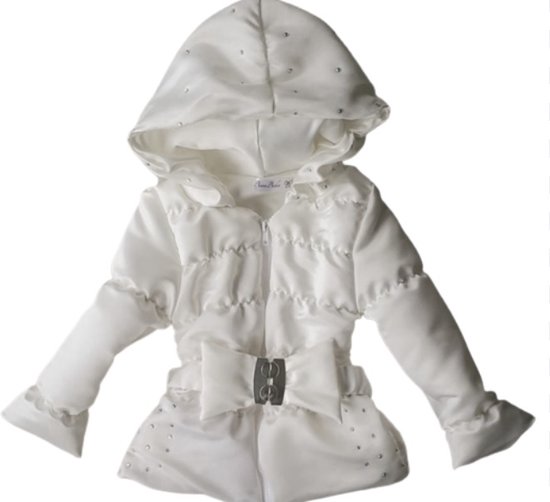 Maat 104 Kinderjas wit zomerjas met steentjes en strik riem voor baby en kind Jas jasje witte jas hotfix steentjes EAN 6096542151168 | Jas