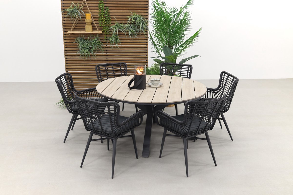Bol.com Jasmine Black/GI Edison 6-persoons ronde dining tuinset Ø148 cm. aanbieding