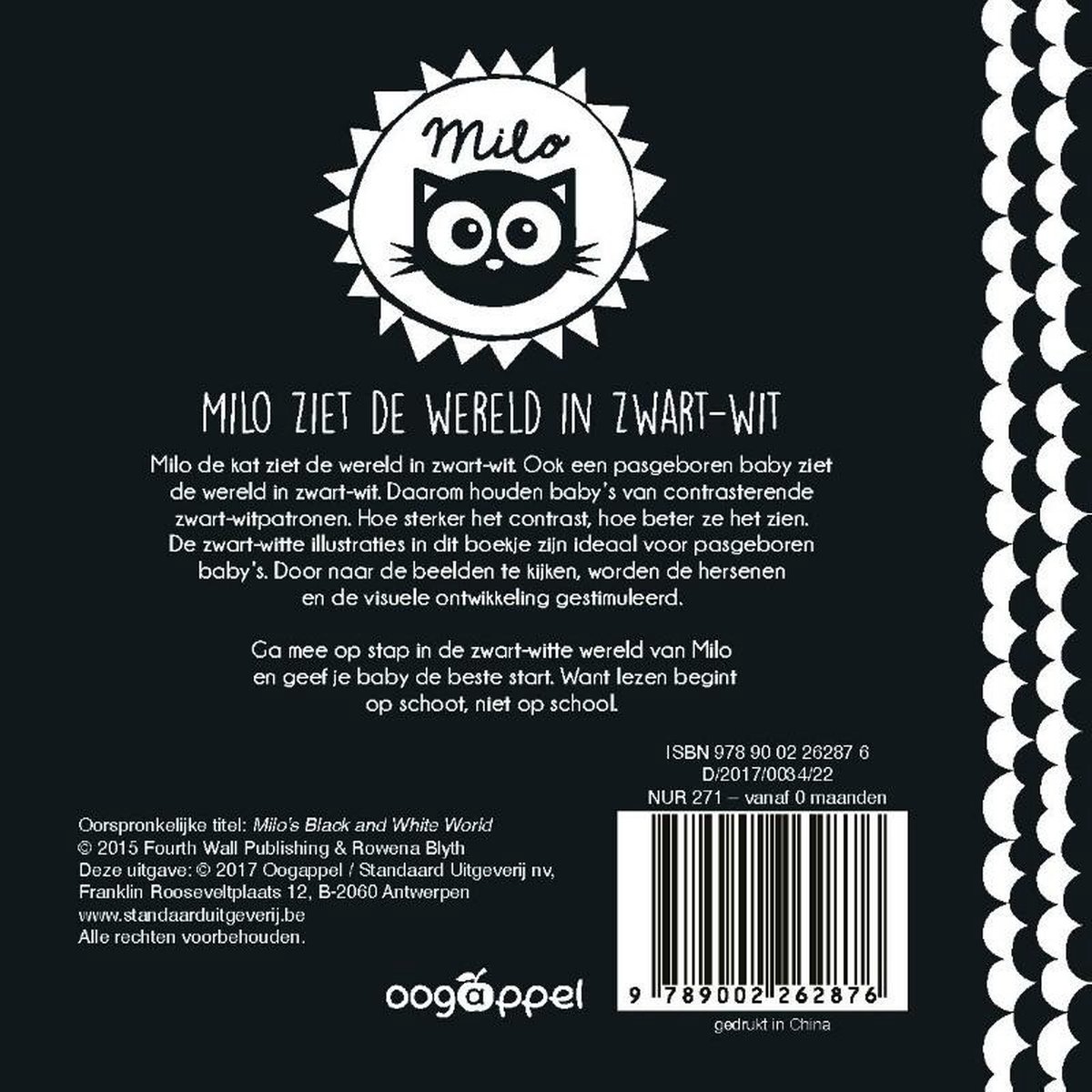 Achterkant van een zwart-wit kinderboek met een katje. Tekst over de inhoud en een barcode. Milo ziet de wereld in zwart-wit. Gemaakt in China.