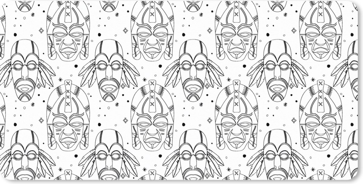 Muismat XXL 120x60 cm - Bureau onderlegger - Bureau mat Inca - Maskers - Patroon - Zwart-wit - Bureaumat - Gaming mousepad xl - Bureaulegger groot - Computer deskmat