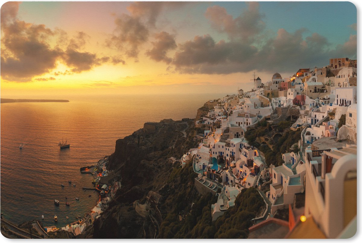 Muismat XXL 120x80 cm - Bureau onderlegger - Bureau mat Het vissersdorp Santorini Griekenland bij zonsondergang - Bureaumat - Gaming mousepad xl - Bureaulegger groot - Computer deskmat