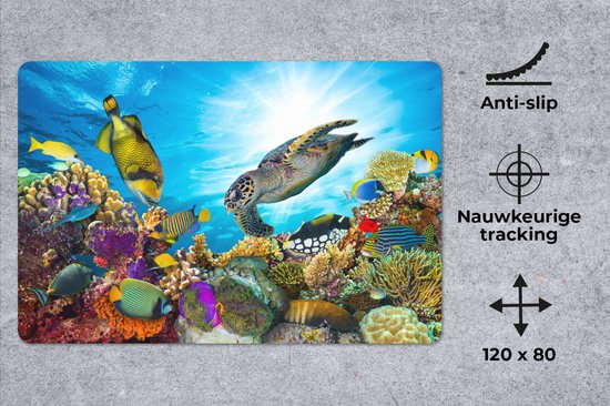 Muismat XXL 120x80 cm - Bureau onderlegger - Bureau mat Schildpad - Zee - Koraal - Bureaumat - Gaming mousepad xl - Bureaulegger groot - Computer deskmat