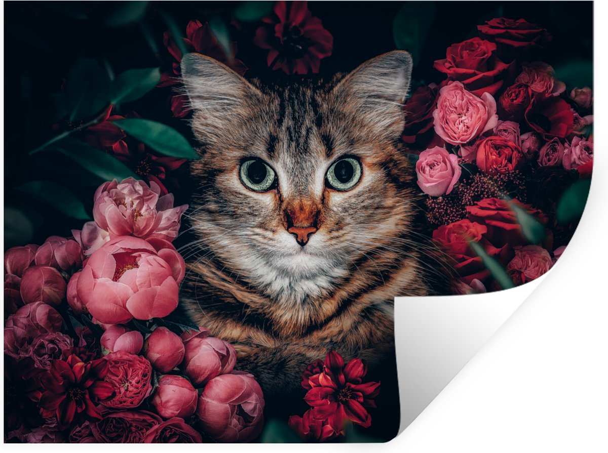 Muurstickers - Sticker Folie - Kat - Bloemen - Dieren - Botanisch - 160x120 cm - Plakfolie