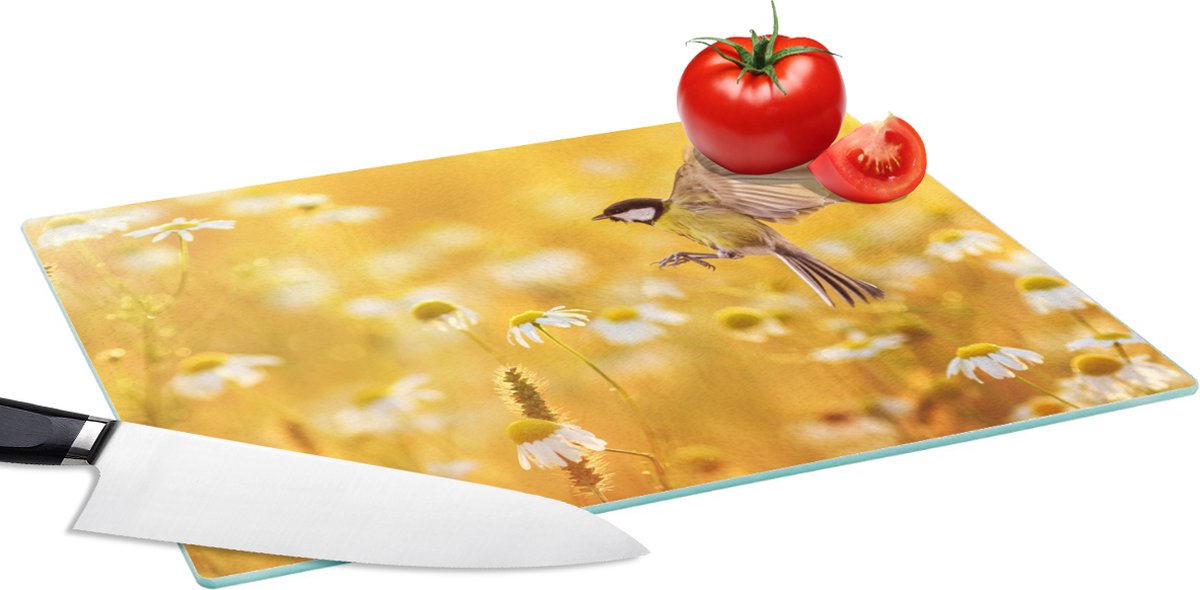 Glazen Snijplank - 39x28 - Vogel - Koolmees - Bloemen - Margriet - Snijplanken Glas