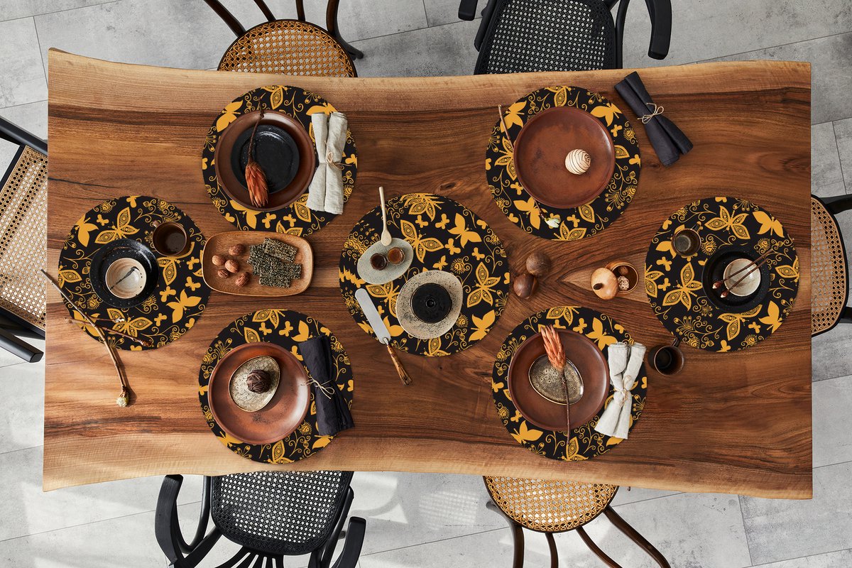 Ronde placemats - Onderlegger - Placemats rond - Bloemen - Vlinder - Goud - Patroon - 10 stuks