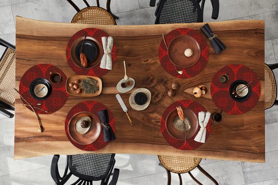 Sets de table ronds - Dessous de verre - Napperons ronds - Chinois - Motifs - Rouge - 6 pièces