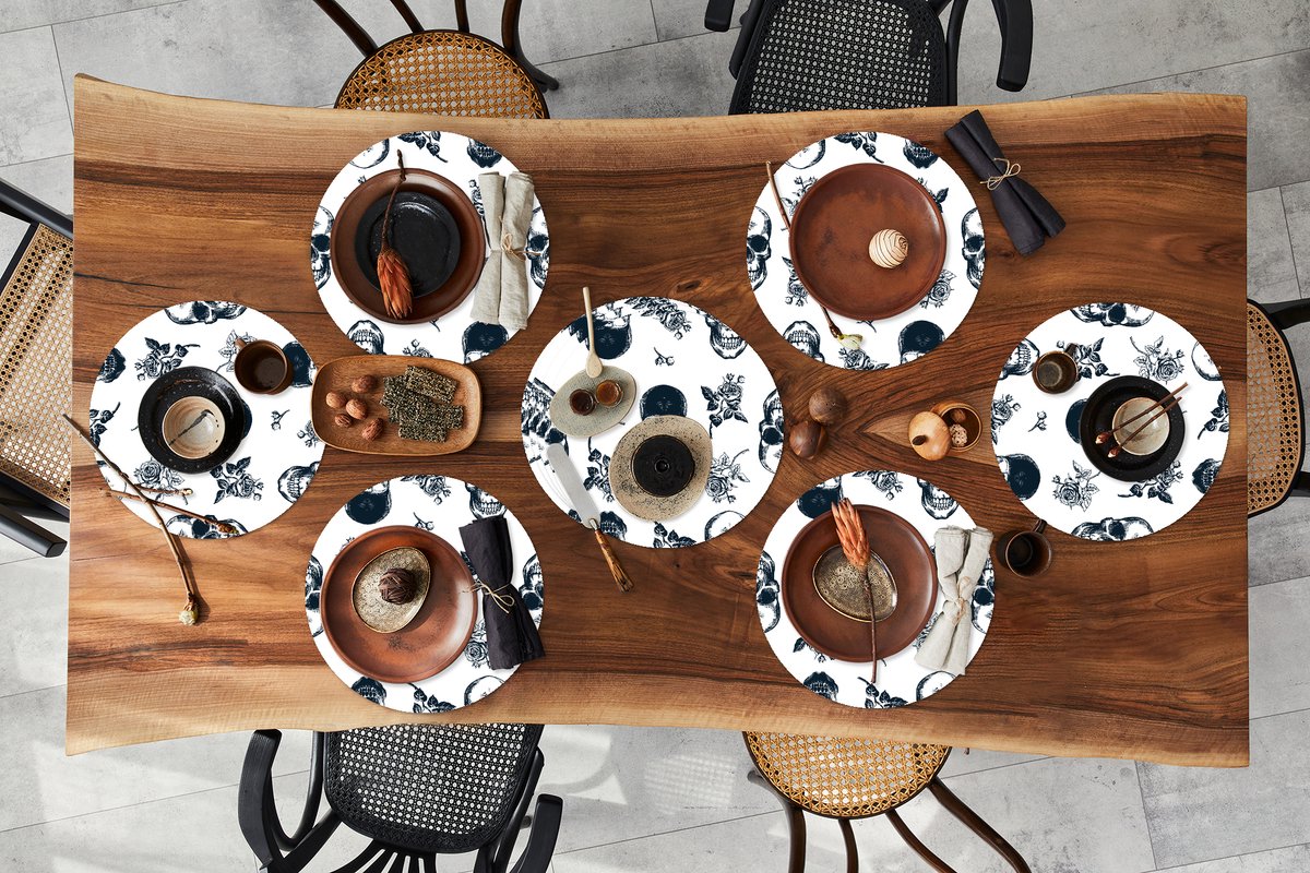 Ronde placemats - Onderlegger - Placemats rond - Tiener - Skull - Rozen - Patroon - 10 stuks