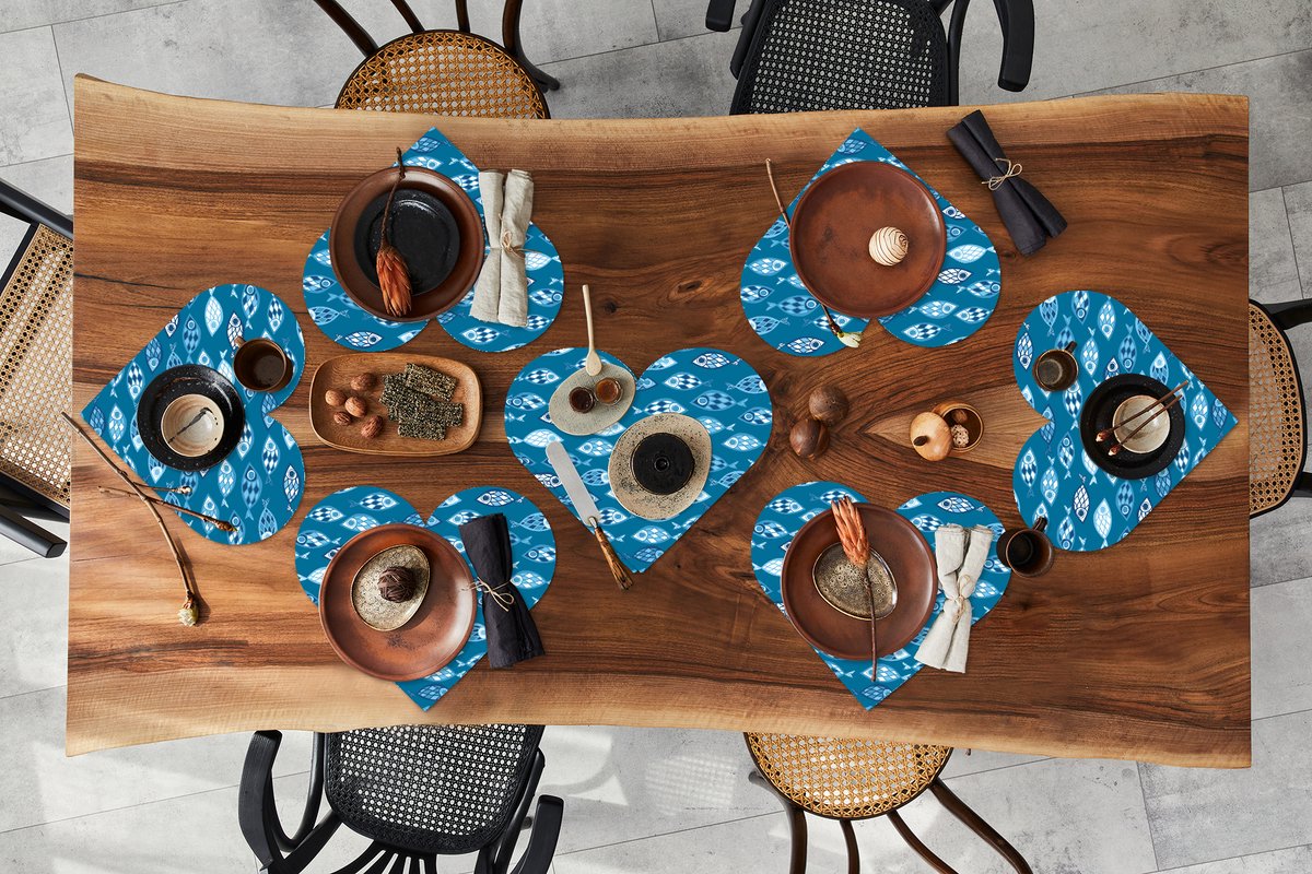 Onderleggers - Placemats - Placemats hartje - Vissen - Blauw - Patronen - 8 stuks