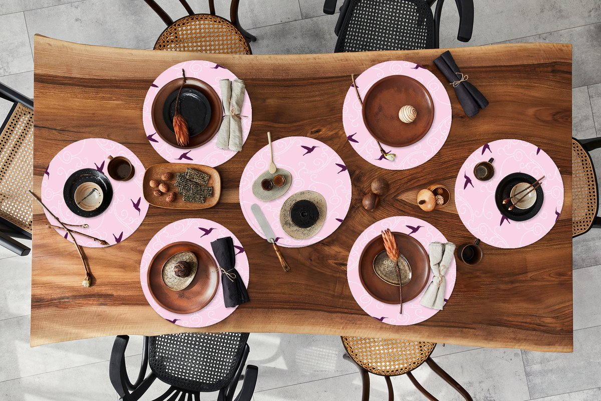 Ronde placemats - Onderlegger - Placemats rond - Vogel - Patronen - Roze - 8 stuks