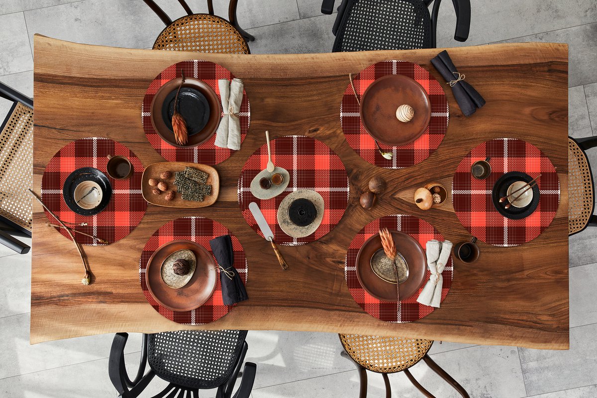 Ronde placemats - Onderlegger - Placemats rond - Schotse ruit - Plaid - Rood - Patronen - 8 stuks