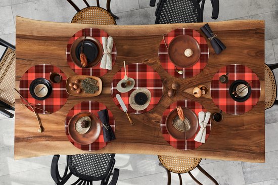 Sets de table ronds - Dessous de verre - Napperons ronds - Tartan - Plaid - Rouge - Motifs - 8 pièces