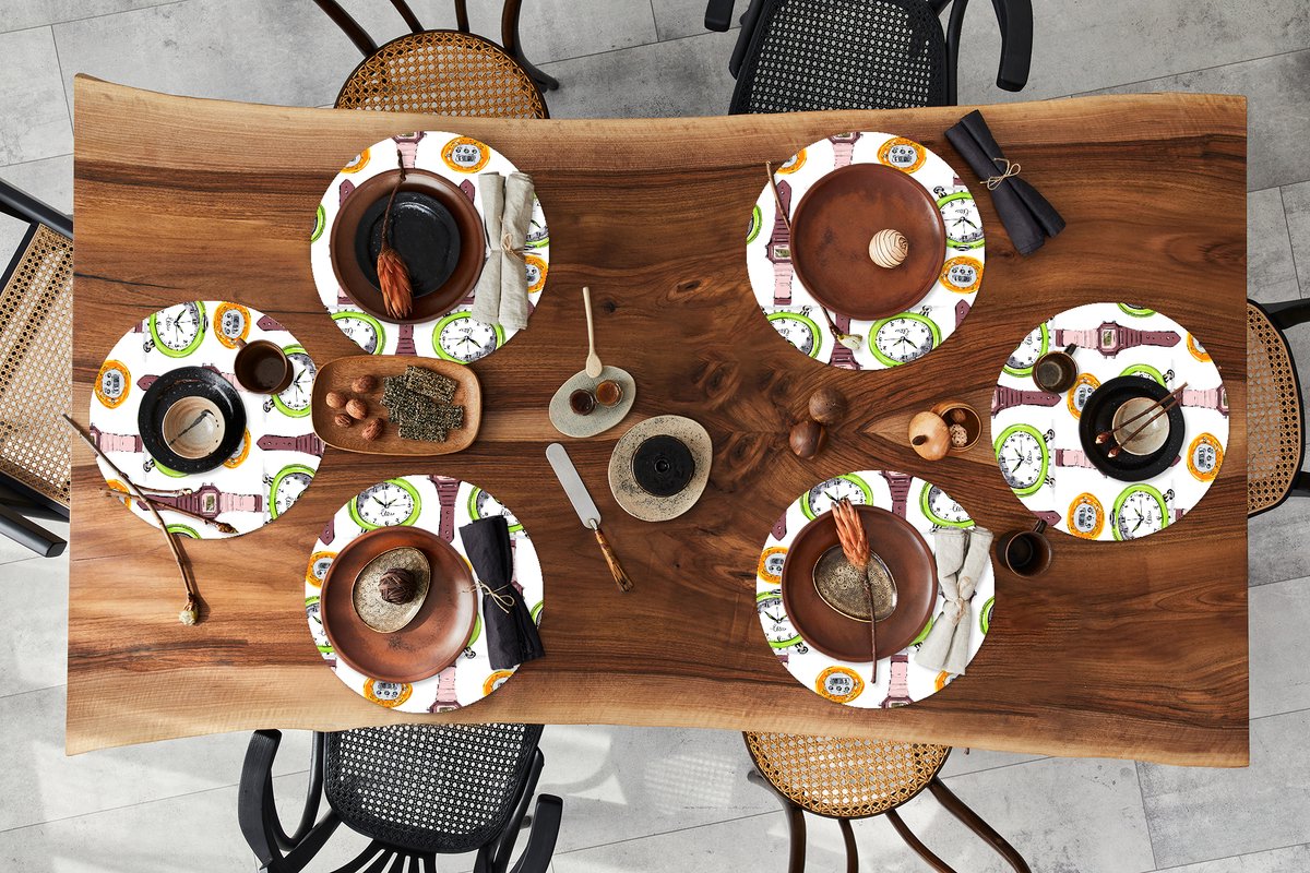Ronde placemats - Onderlegger - Placemats rond - Wekker - Horloges - Stopwatch - Patronen - 6 stuks