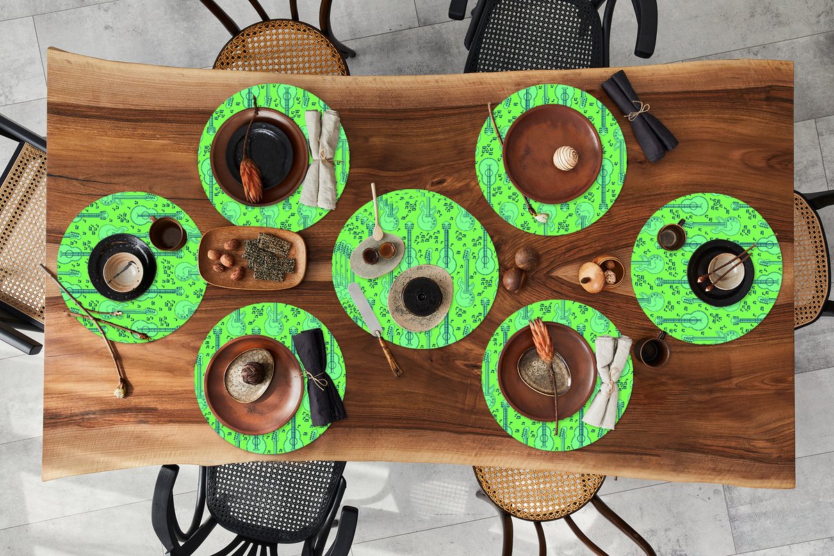 Ronde placemats - Onderlegger - Placemats rond - Gitaar - Patronen - Groen - 10 stuks