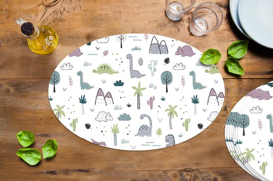 Placemats ovaal - Onderleggers - Ovale placemats - Patroon - Dinosaurus - Kinderen - Baby - Jongens - Meisjes - Kindje - 8 stuks