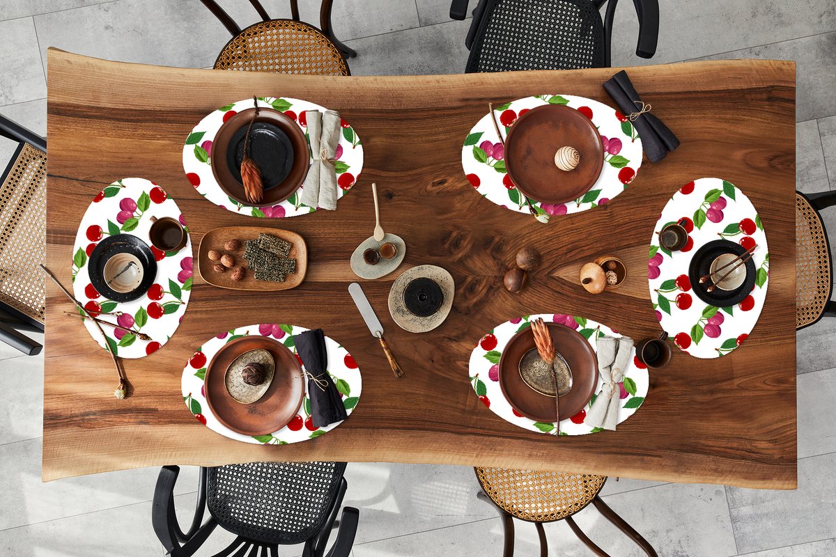 Placemats ovaal - Onderleggers - Ovale placemats - Kersen - Patronen - Fruit - 6 stuks