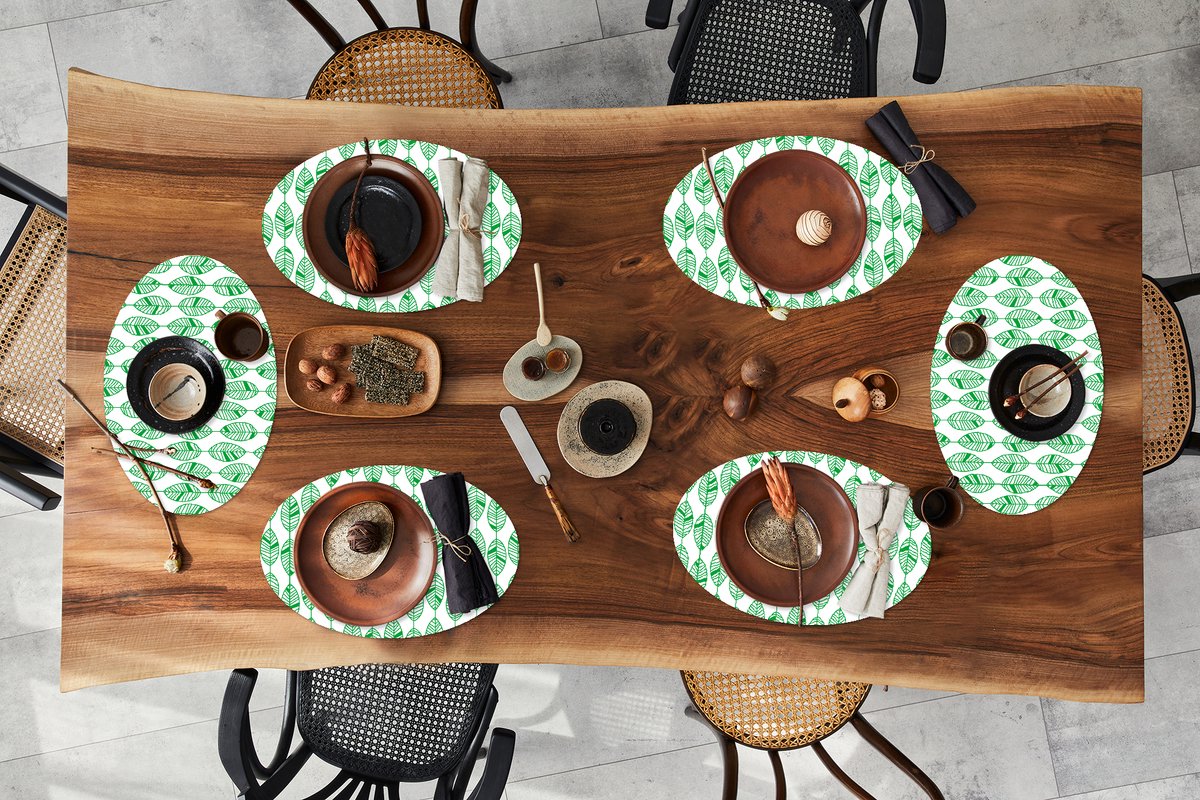 Placemats ovaal - Onderleggers - Ovale placemats - Patroon - Blad - Groen - 6 stuks