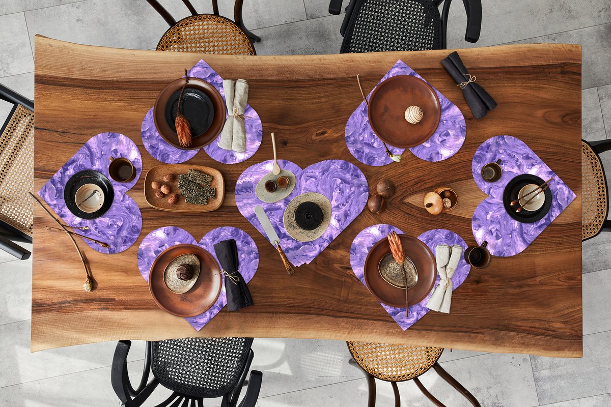 Onderleggers - Placemats - Placemats hartje - Paars - Marmer print - Verf - Patronen - 10 stuks