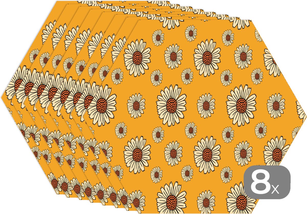 Placemats hexagon - Onderleggers placemats - Placemat zeshoek - Patronen - Vintage - Bloemen - Geel - 8 stuks