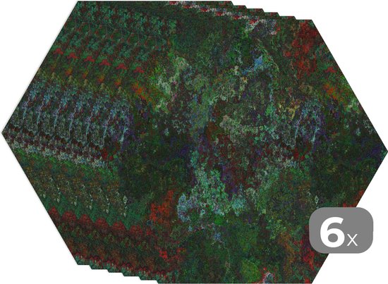 Placemats hexagon - Onderleggers placemats - Placemat zeshoek - Patroon - Verf - Abstract - Groen - 6 stuks