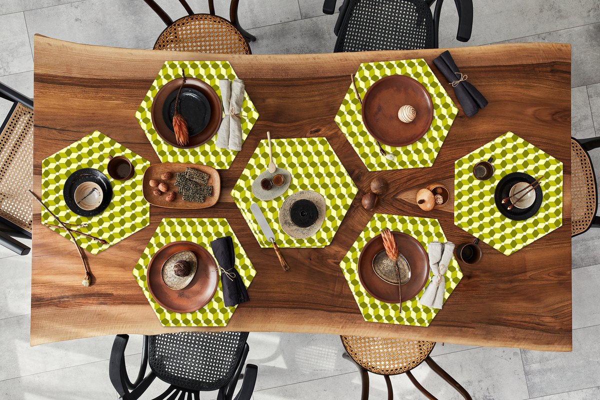 Placemats hexagon - Onderleggers placemats - Placemat zeshoek - Blokken - Patroon - 3D - 8 stuks