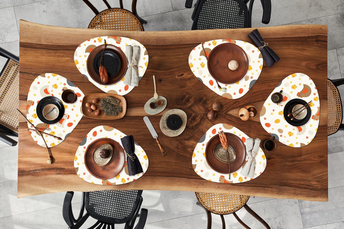 Placemat organisch - Placemats organic - Onderleggers - Kip - Eieren - Patroon - 6 stuks