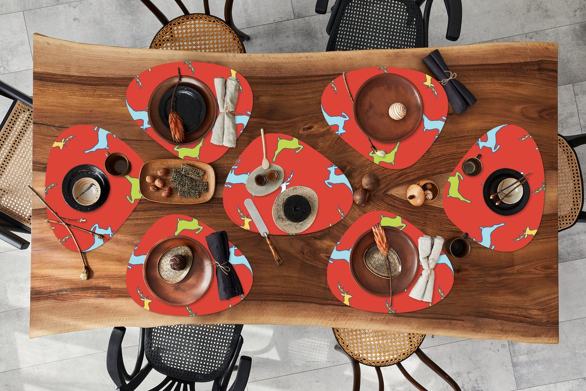 Placemat organisch - Placemats organic - Onderleggers - Patroon - Hert - Rood - 8 stuks