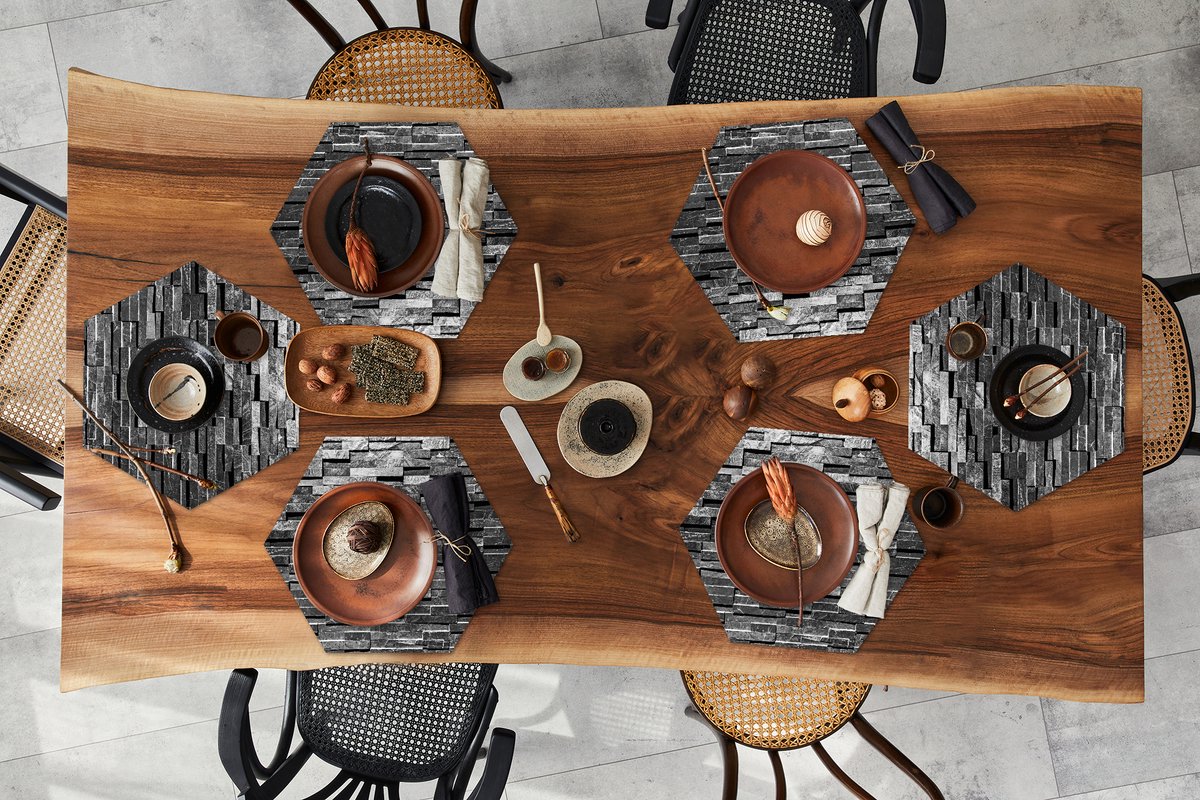 Placemats hexagon - Onderleggers placemats - Placemat zeshoek - Steen - Antiek - Grijs - 6 stuks