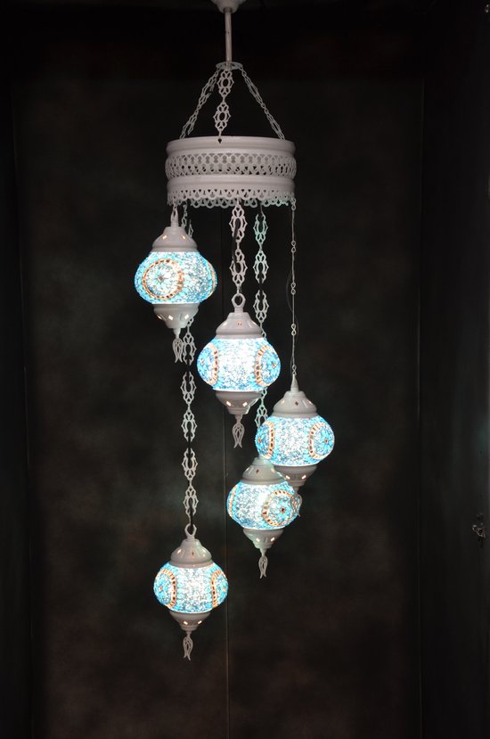 Hanglamp multicolour blauw glas mozaïek 5 bollen Turkse Oosterse Crèmewit Marokkaanse kroonluchter