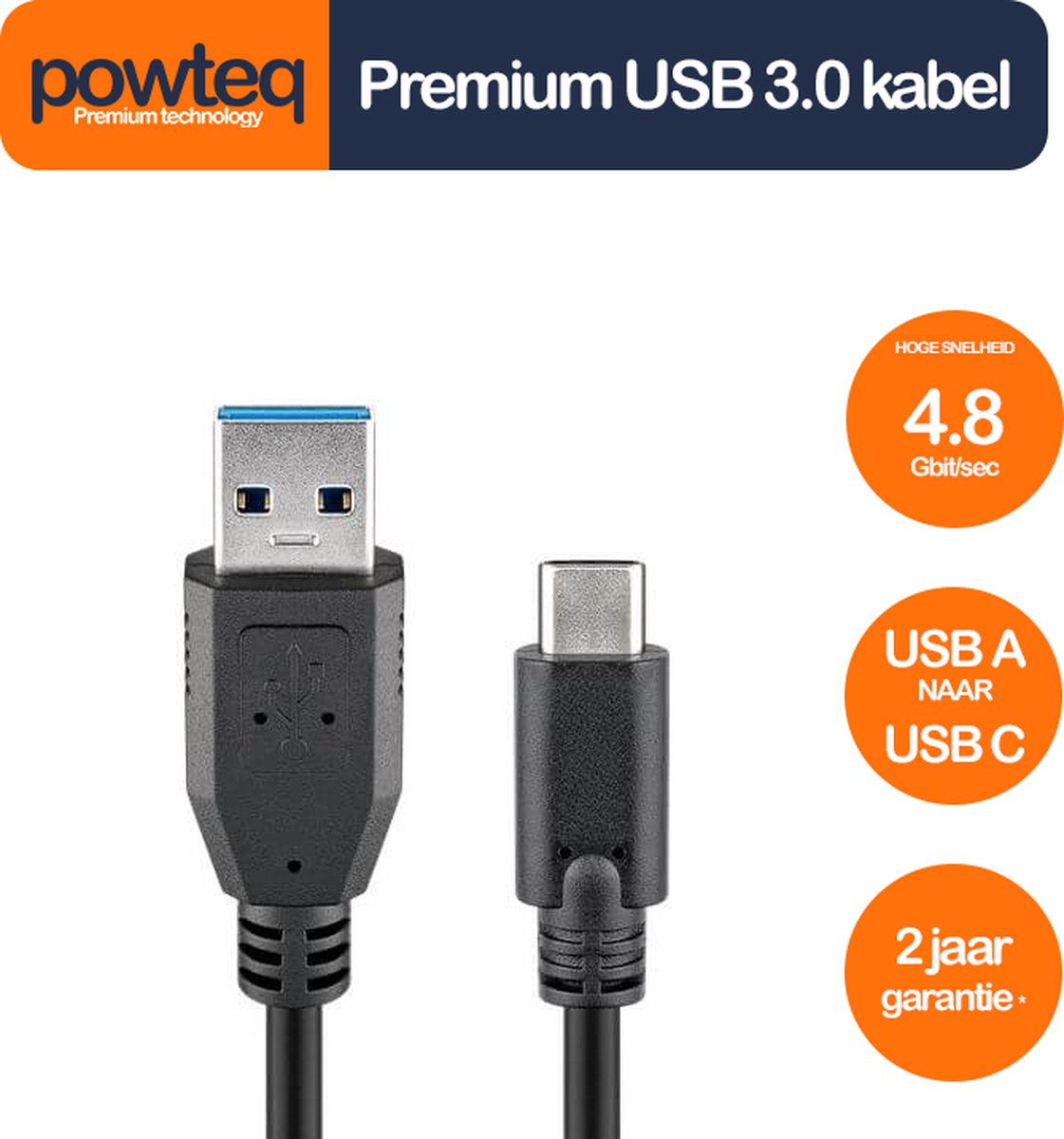 Powteq - 1 meter premium USB 3.0 kabel - USB A naar USB C