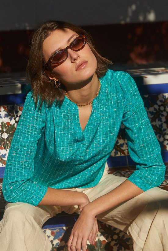 Dames blouse turquoise print driekwart mouw 100% kwaliteit zijde luxe zomer chic maat 38