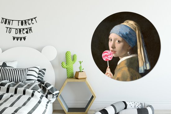 Anciens maîtres - Fille à la perle du vieux maître Johannes Vermeer avec sucette Assiette en plastique cercle mural - ⌀ 120 cm XXL /